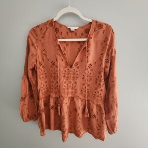 American Eagle Long Sleeve Eyelet Peasant Boho Top in Terracotta